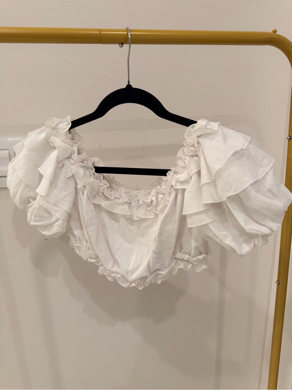 Charo Ruiz White Ruffled Puff-Sleeve Crop Top